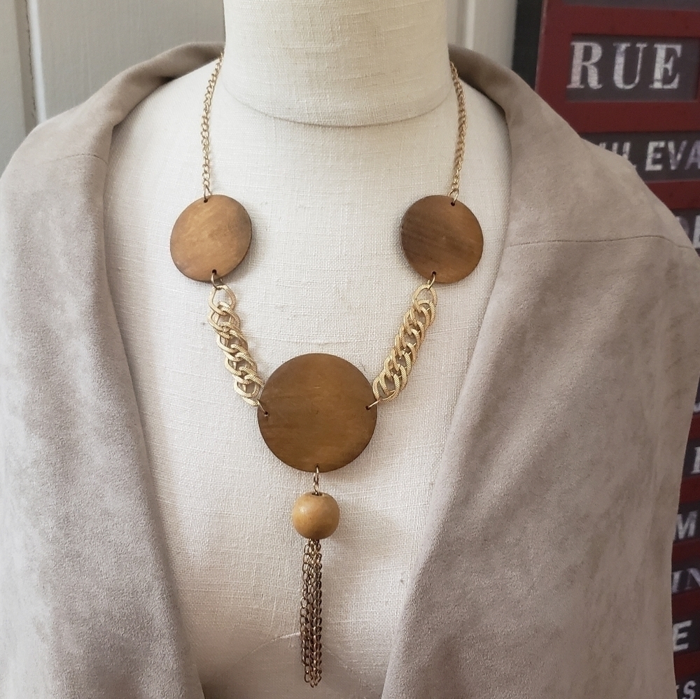 Statement necklace wood and gold tone tassel boho